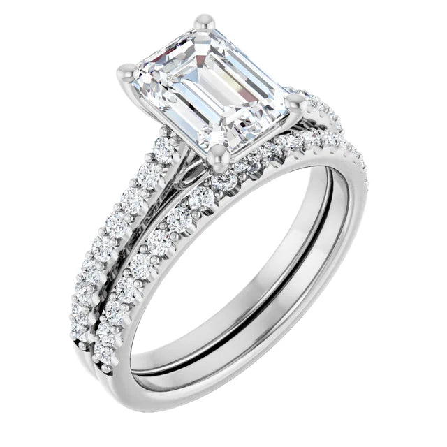 Emerald White Gold Pave Style Lab Diamond Engagement Ring 