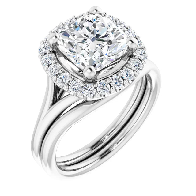 Cushion White Gold Halo Solitaire Split Band Lab Diamond Engagement Ring 