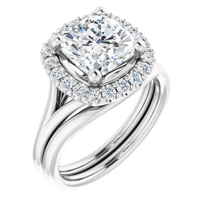 Cushion White Gold Halo Solitaire Split Band Lab Diamond Engagement Ring 