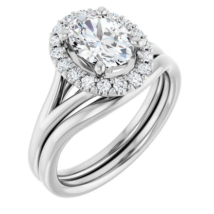 Oval White Gold Halo Solitaire Split Band Lab Diamond Engagement Ring 