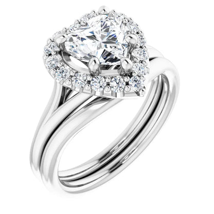 Heart White Gold Halo Solitaire Split Band Lab Diamond Engagement Ring 