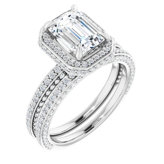 Emerald White Gold Halo Pave Style Lab Diamond Engagement Ring 