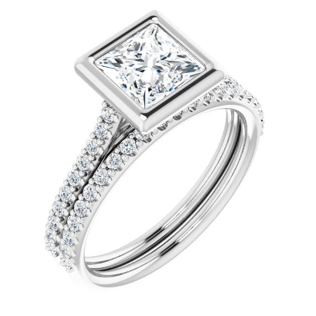 Princess White Gold Bezel Pave Lab Diamond Engagement Ring 