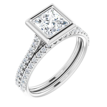 Princess White Gold Bezel Pave Lab Diamond Engagement Ring 