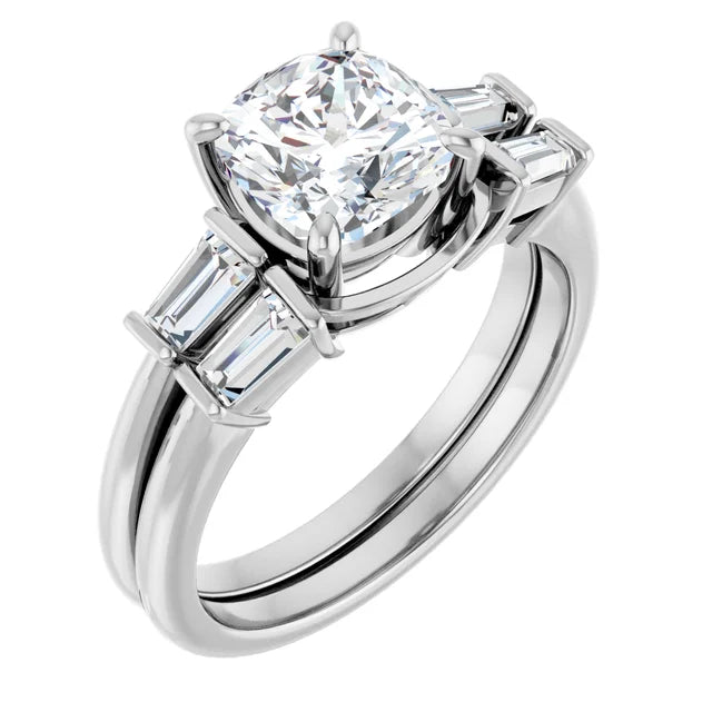 Cushion White Gold Baguette Accent Lab Diamond Engagement Ring 