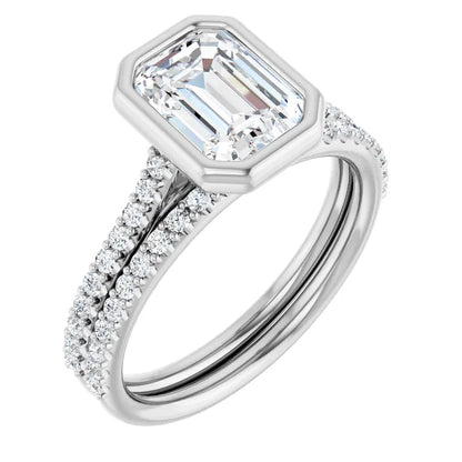 Emerald White Gold Bezel Pave Lab Diamond Engagement Ring 