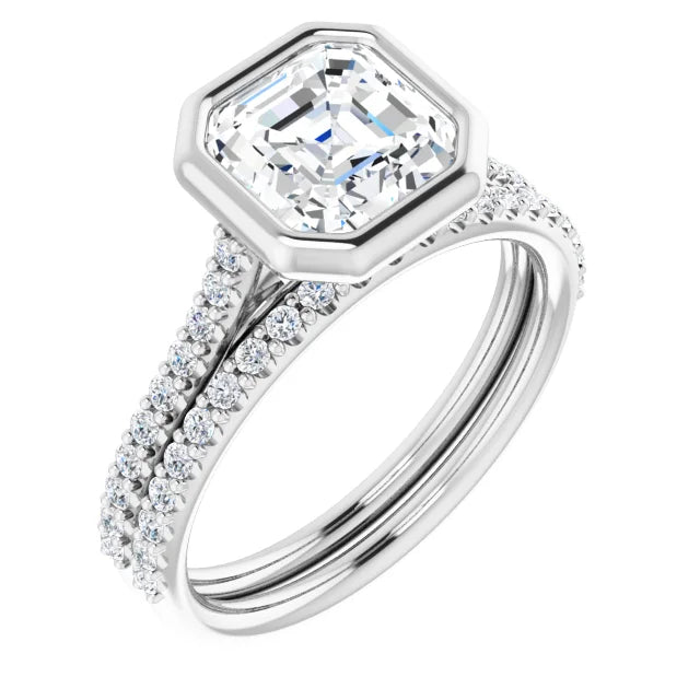 Asscher White Gold Bezel Pave Lab Diamond Engagement Ring 