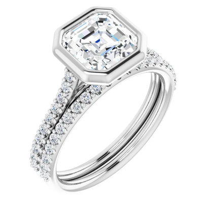 Asscher White Gold Bezel Pave Lab Diamond Engagement Ring 
