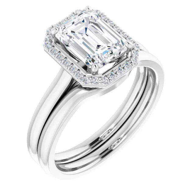 Emerald Halo Solitaire Lab Diamond Engagement Ring White Gold. 