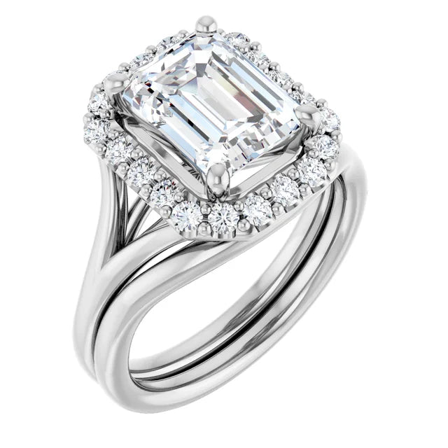 Emerald White Gold Halo Solitaire Split Band Lab Diamond Engagement Ring 