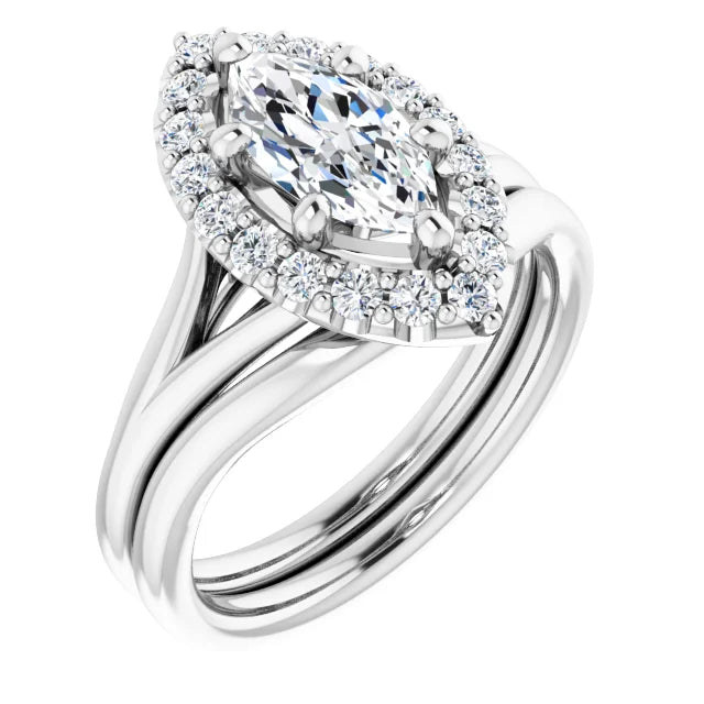 Marquise White Gold Halo Solitaire Split Band Lab Diamond Engagement Ring 