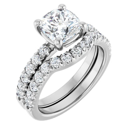 Cushion Four Claw Pave White Gold Engagement Ring 