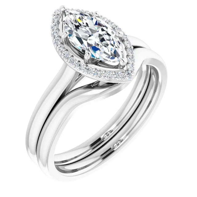 Marquise Halo Solitaire Lab Diamond Engagement Ring White Gold. 