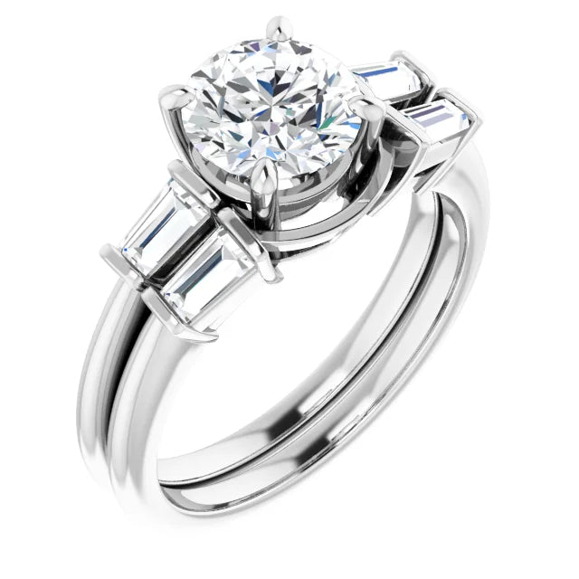 Round Brilliant White Gold Baguette Accent Lab Diamond Engagement Ring 