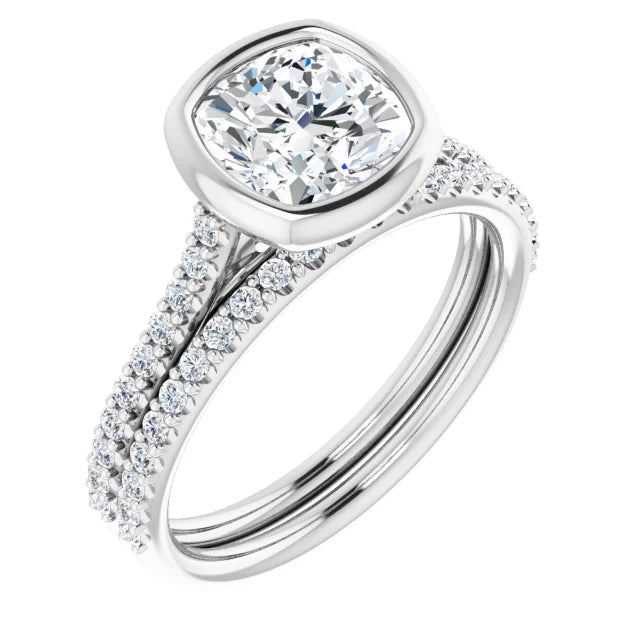 Cushion White Gold Bezel Pave Lab Diamond Engagement Ring 