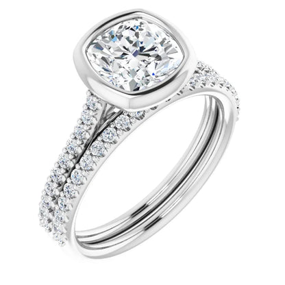 Cushion White Gold Bezel Pave Lab Diamond Engagement Ring 
