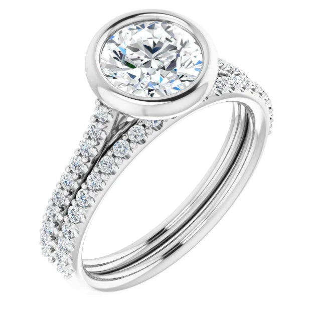 Round Brilliant White Gold Bezel Pave Lab Diamond Engagement Ring 