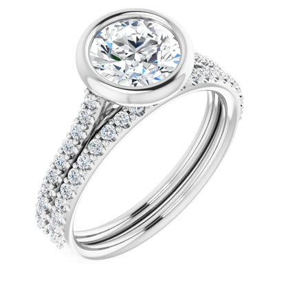 Round Brilliant White Gold Bezel Pave Lab Diamond Engagement Ring 