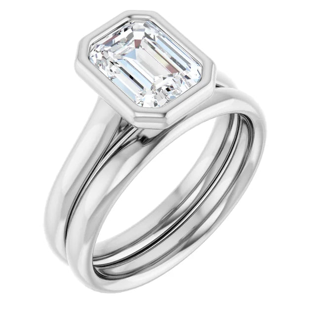 Emerald White Gold Bezel Solitaire Lab Diamond Engagement Ring 