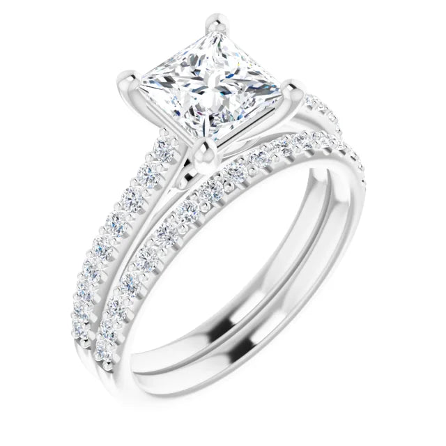 Princess White Gold Pave Style Lab Diamond Engagement Ring 