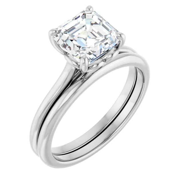 Asscher White Gold Four Claw Solitaire Lab Diamond Engagement Ring 