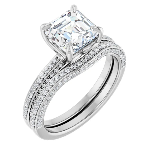 Asscher White Gold Pave Lab Diamond Engagement Ring 