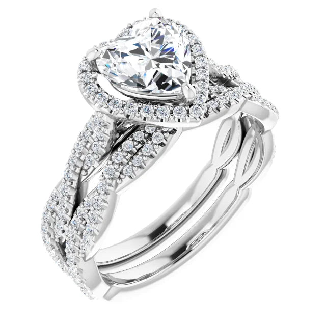 Heart White Gold Halo Twist Pave Moissanite Engagement Ring 