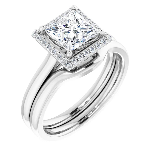 Princess Halo Solitaire Lab Diamond Engagement Ring White Gold. 