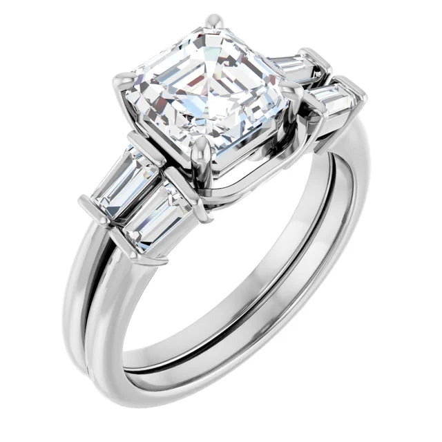 Asscher White Gold Baguette Accent Lab Diamond Engagement Ring 