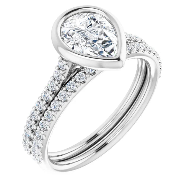 Pear White Gold Bezel Pave Lab Diamond Engagement Ring 