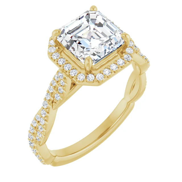 Asscher Yellow Gold Halo Twist Pave Moissanite Engagement Ring 