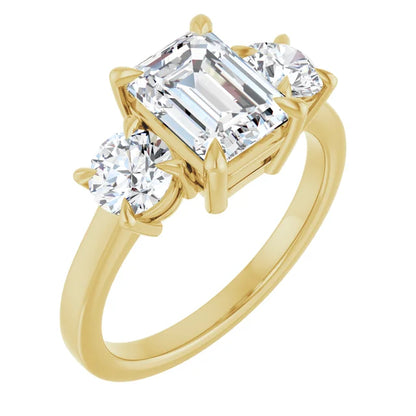 Emerald Yellow Gold Tri Stone Lab Diamond Engagement Ring 