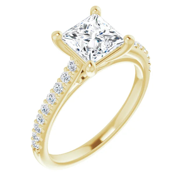 Princess Yellow Gold Pave Style Lab Diamond Engagement Ring 