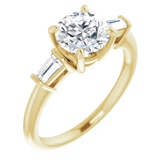 Round Brilliant Yellow Gold Baguette Accent Lab Diamond Engagement Ring 