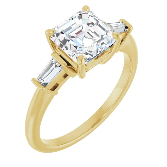 Asscher Yellow Gold Baguette Accent Lab Diamond Engagement Ring 