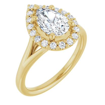 Pear Yellow Gold Halo Solitaire Split Band Lab Diamond Engagement Ring 