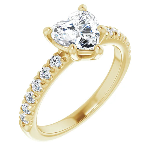Heart Five Claw Pave Yellow Gold Engagement Ring 