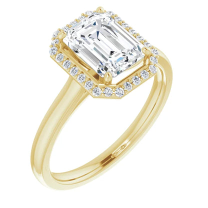 Emerald Halo Solitaire Lab Diamond Engagement Ring Yellow Gold. 