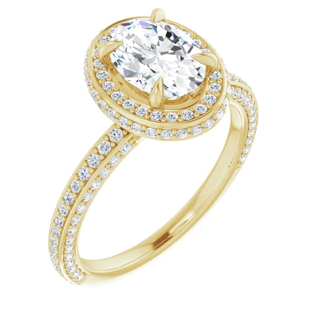 Oval Yellow Gold Halo Pave Style Lab Diamond Engagement Ring 