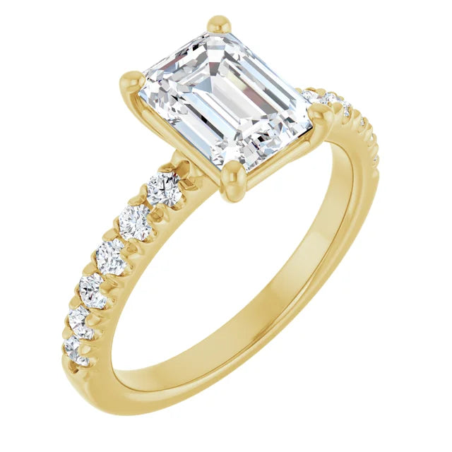 Emerald Four Claw Pave Yellow Gold Engagement Ring 