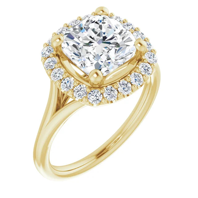 Cushion Yellow Gold Halo Solitaire Split Band Lab Diamond Engagement Ring 