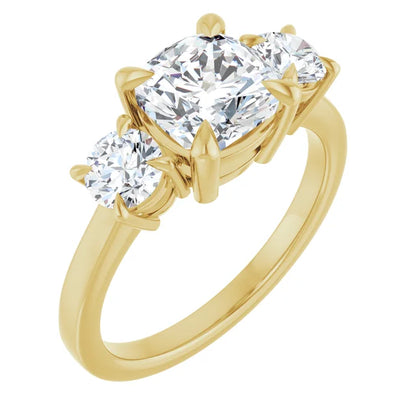 Cushion Yellow Gold Tri Stone Lab Diamond Engagement Ring 