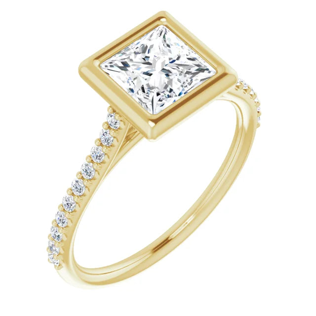 Princess Yellow Gold Bezel Pave Lab Diamond Engagement Ring 
