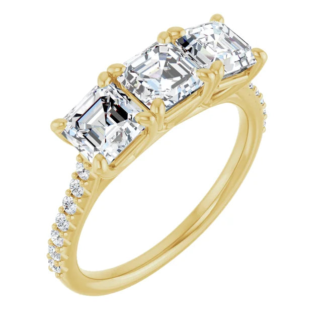 Asscher Yellow Gold Tri Stone Lab Diamonds Engagement Ring 