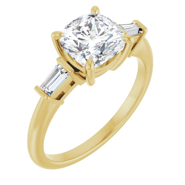 Cushion Yellow Gold Baguette Accent Lab Diamond Engagement Ring 