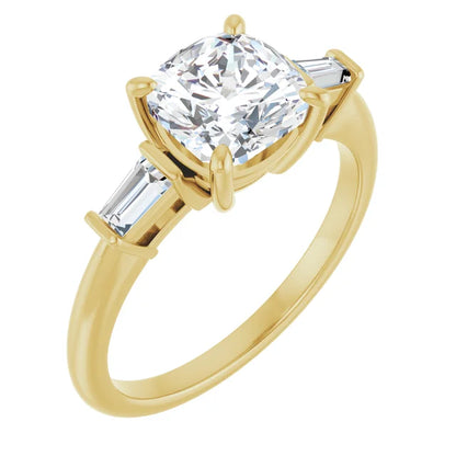 Cushion Yellow Gold Baguette Accent Lab Diamond Engagement Ring 