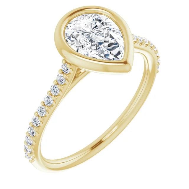 Pear Yellow Gold Bezel Pave Lab Diamond Engagement Ring 
