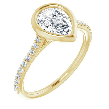 Pear Yellow Gold Bezel Pave Lab Diamond Engagement Ring 