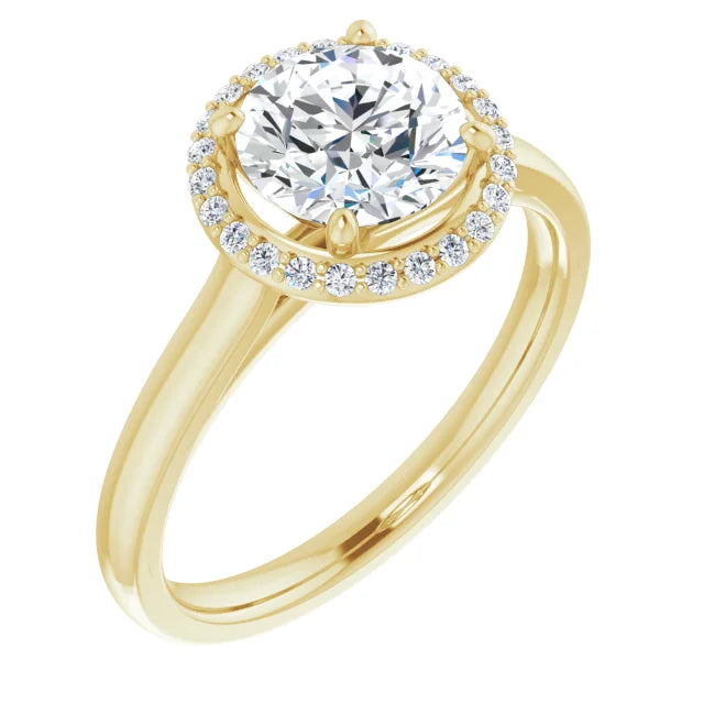 Round Brilliant Halo Solitaire Lab Diamond Engagement Ring Yellow Gold. 