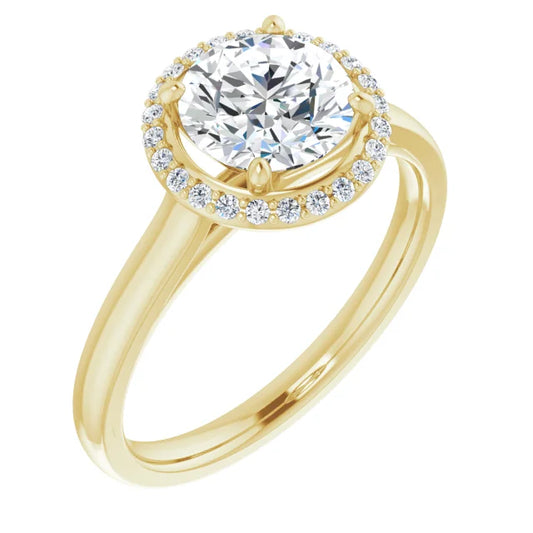 Round Brilliant Halo Solitaire Lab Diamond Engagement Ring Yellow Gold. 
